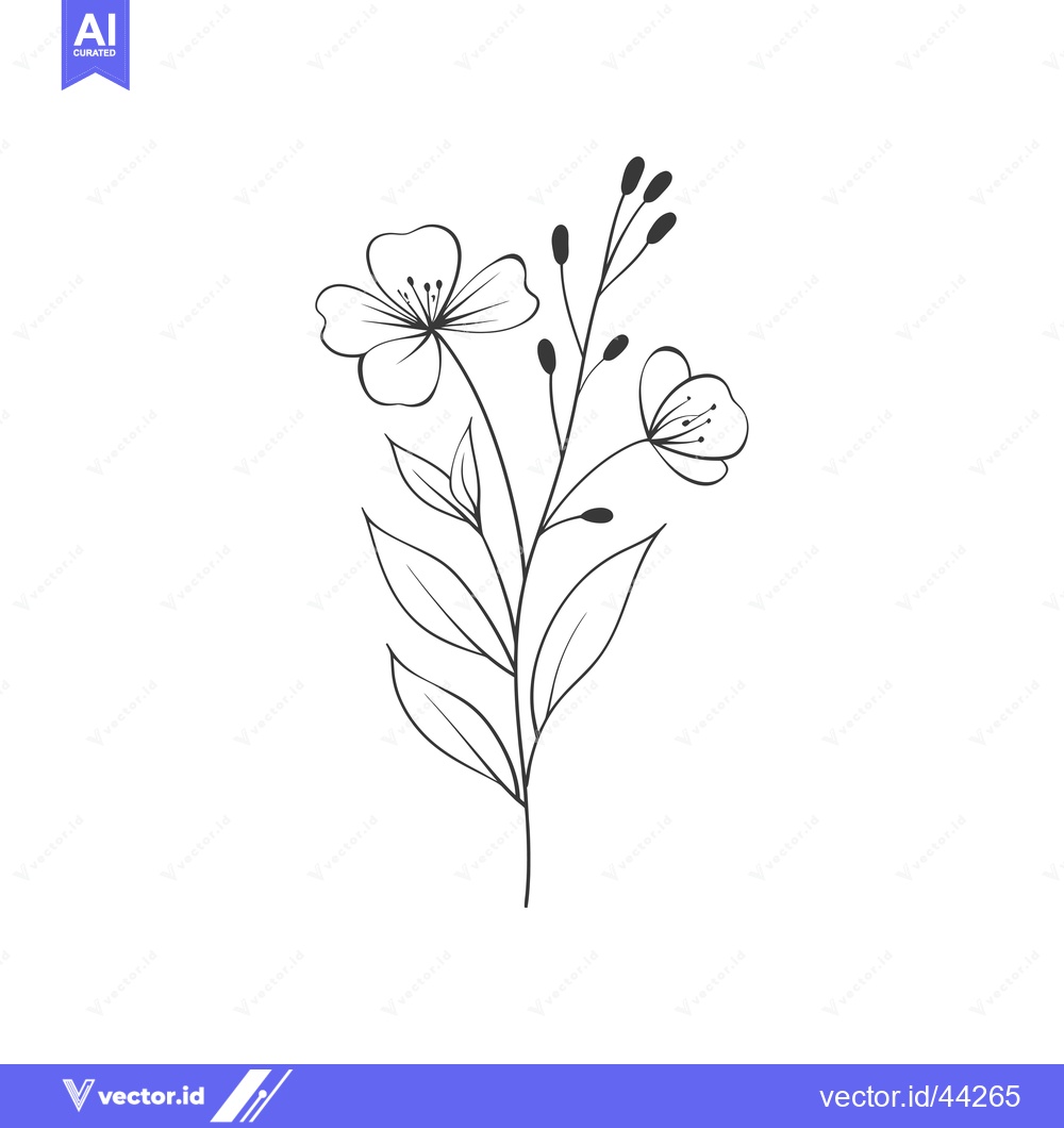 Premium Vector of Hand-Drawn Black and White Illustration of a Flower Stem with Two Bloo