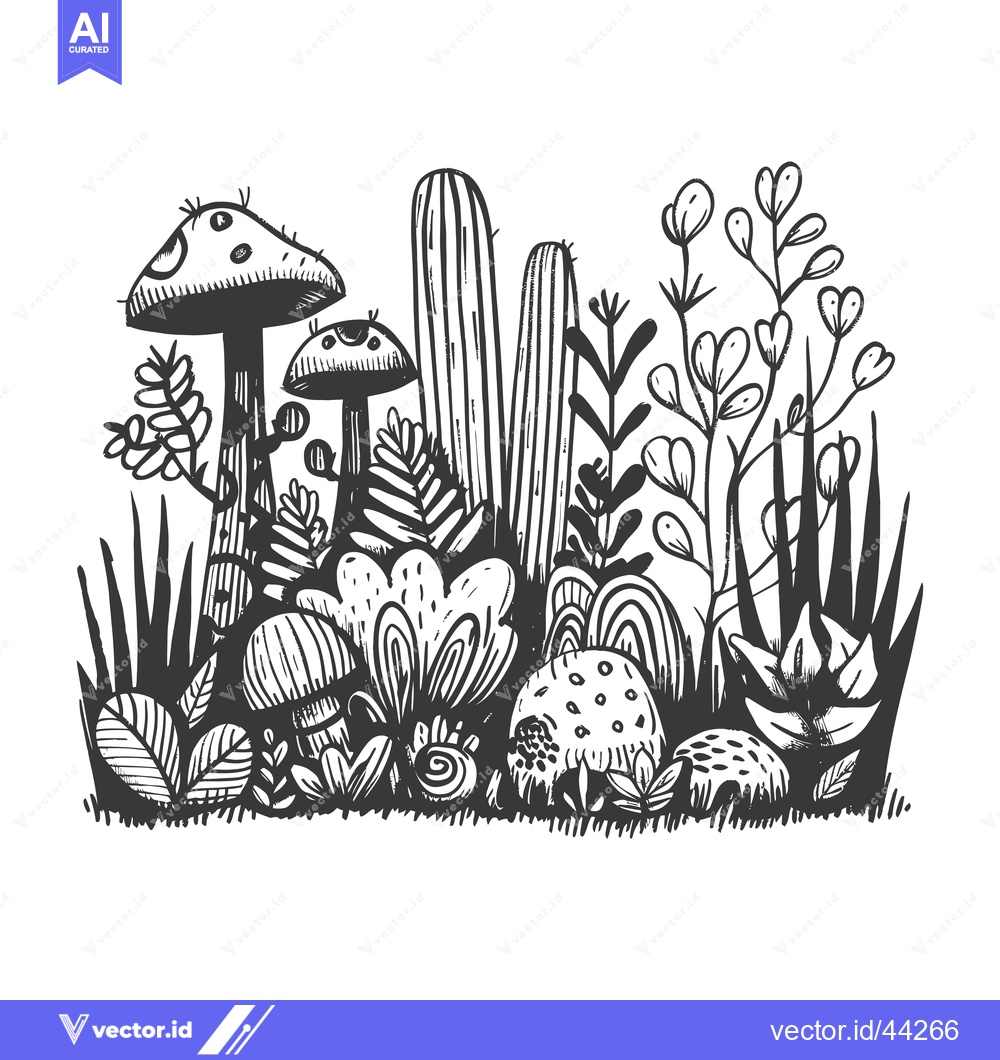Premium Vector dari Hand-Drawn Black and White Illustration of a Forest Scene with Mushroo