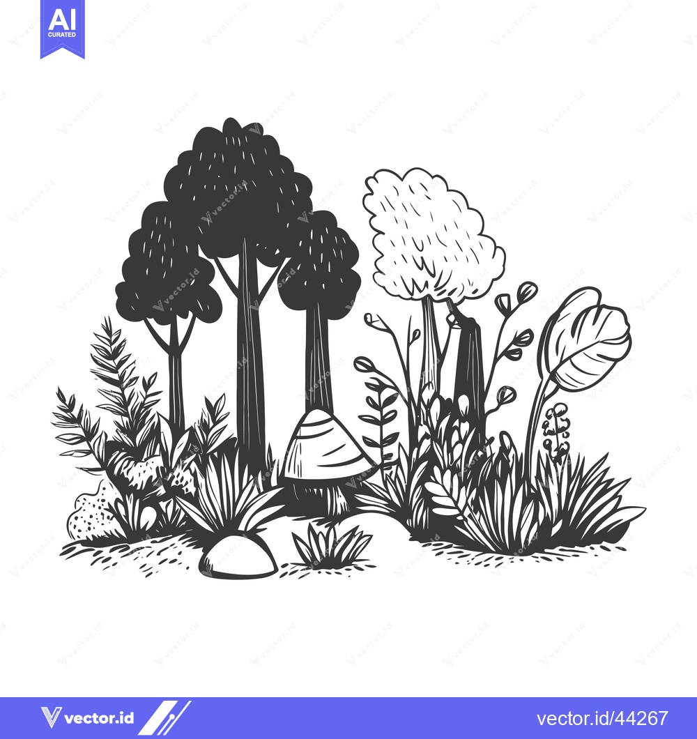 Premium Vector dari Hand-drawn Black and White Illustration of a Forest Scene with Trees,