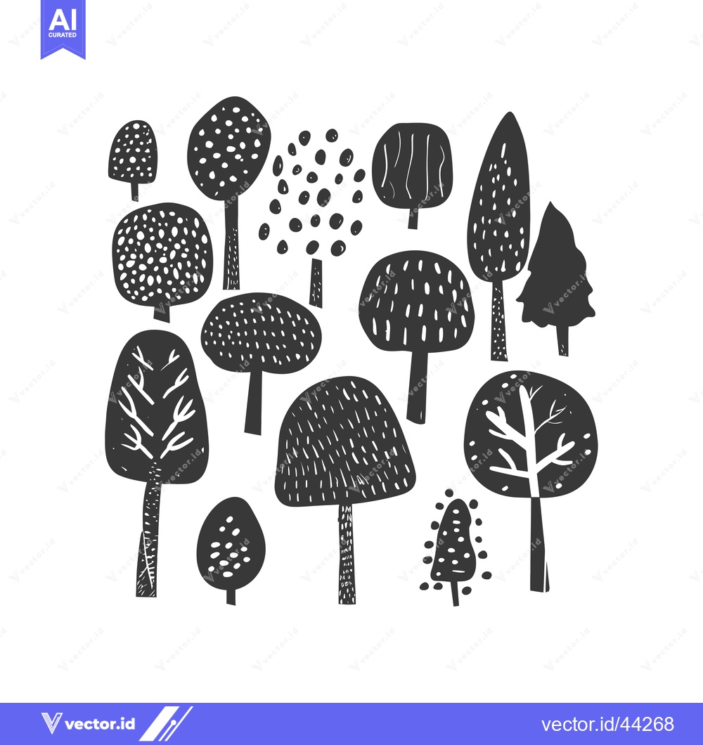 Premium Vector dari Hand-drawn Black and White Illustration of a Forest with Different Tre