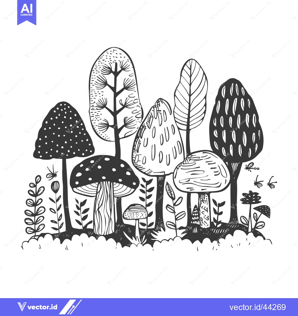 Premium Vector of Hand-Drawn Black and White Illustration of a Forest with Mushrooms and