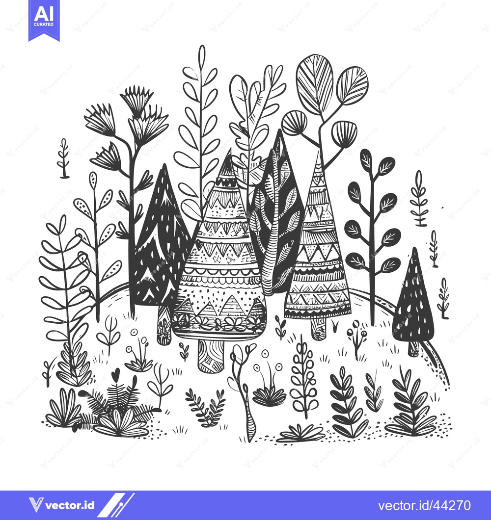 Premium Vector of Hand-Drawn Black and White Illustration of a Forest with Ornate Trees