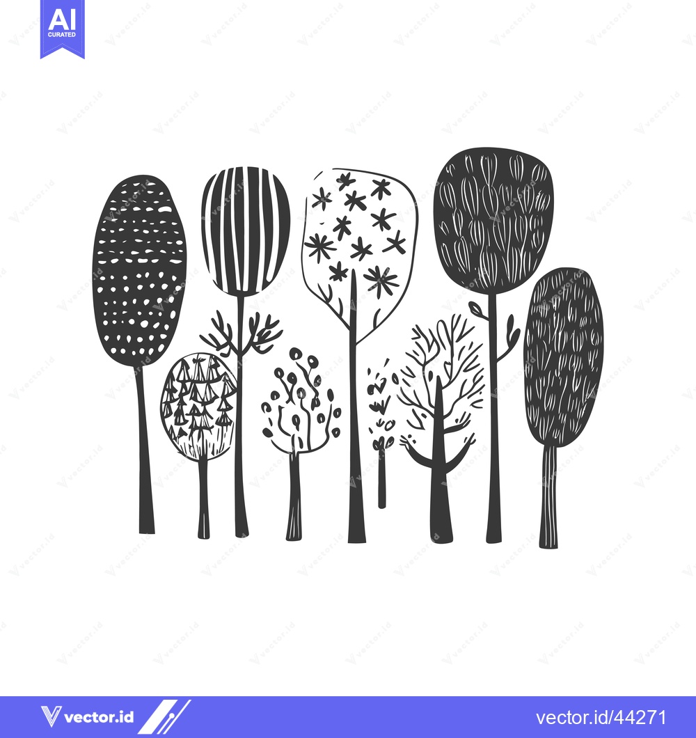 Premium Vector of Hand-Drawn Black and White Illustration of a Forest with Seven Unique