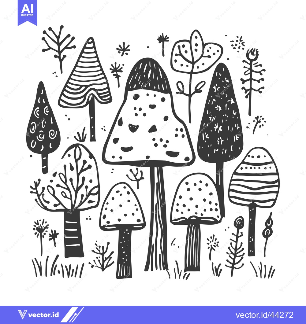 Premium Vector dari Hand-drawn Black and White Illustration of a Forest with Trees and Mus