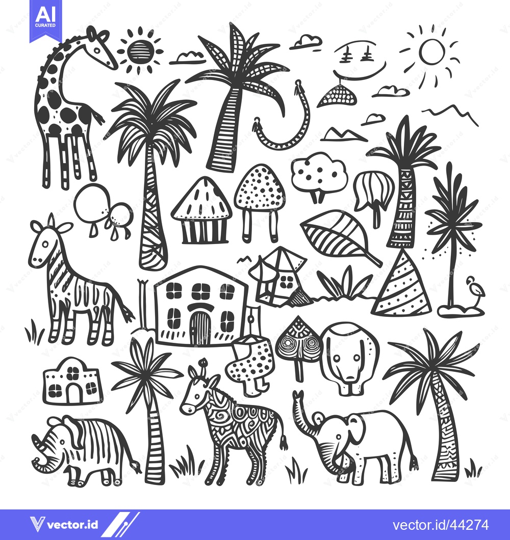 Premium Vector of Hand-drawn black and white illustration of African animals, plants, an