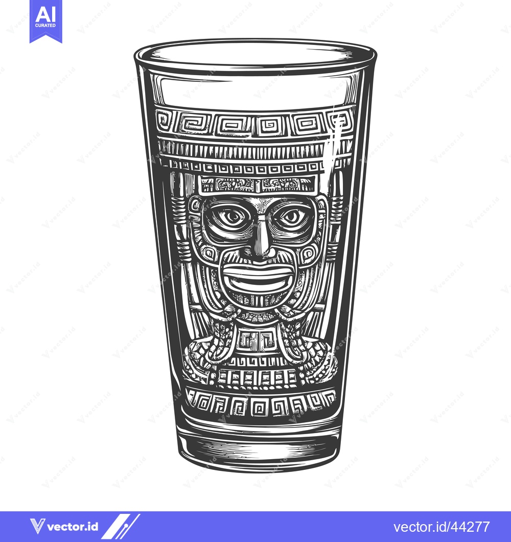 Premium Vector dari Hand Drawn Black and White Illustration of a Glass with a Mayan Mask D