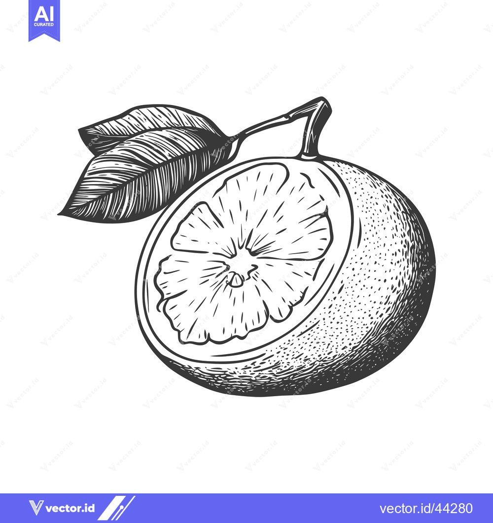 Premium Vector dari Hand-Drawn Black and White Illustration of a Halved Orange with a Leaf