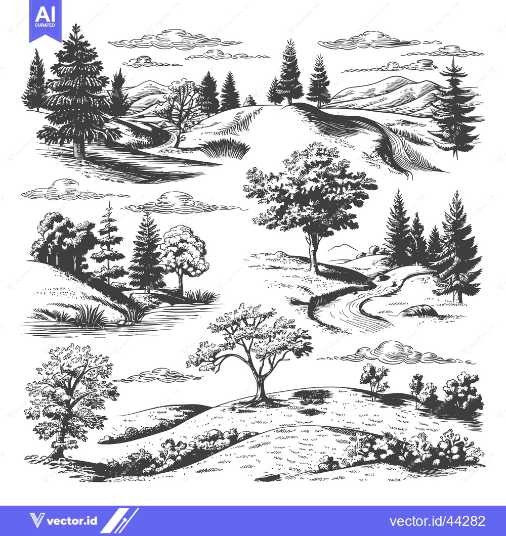 Premium Vector dari Hand-Drawn Black and White Illustration of a Landscape with Trees and
