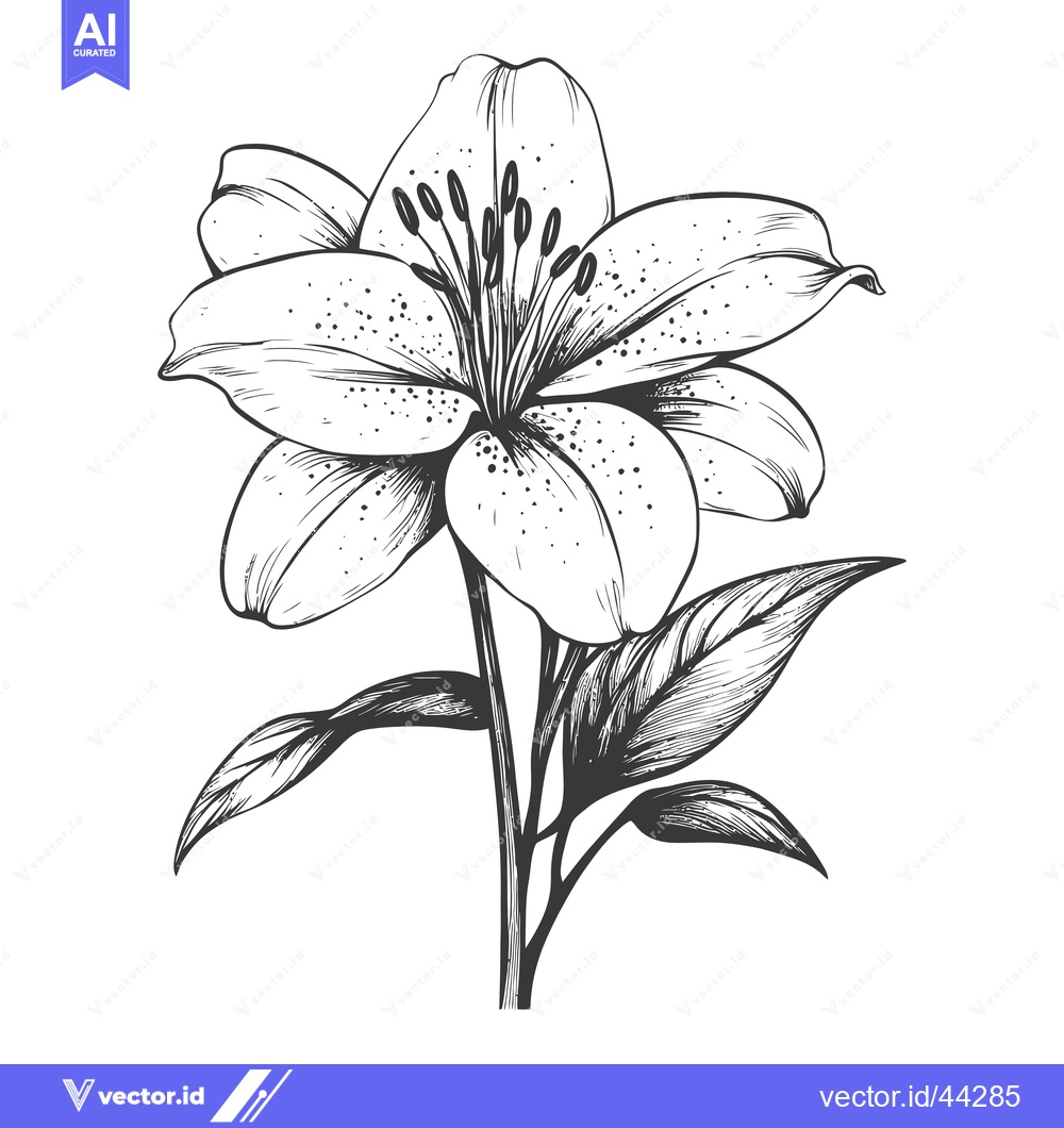 Premium Vector of Hand-drawn black and white illustration of a lily flower with leaves