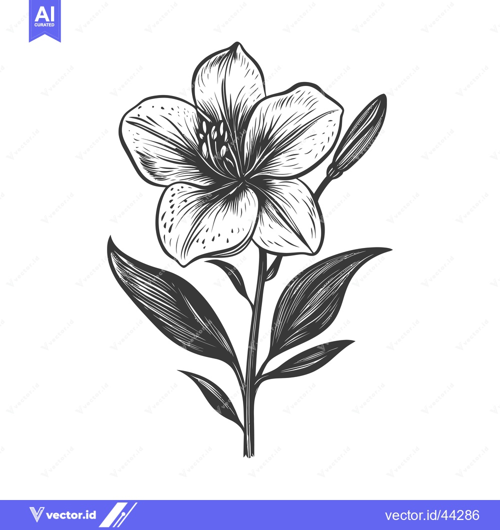 Premium Vector of Hand-Drawn Black and White Illustration of a Lily Flower with Stem and