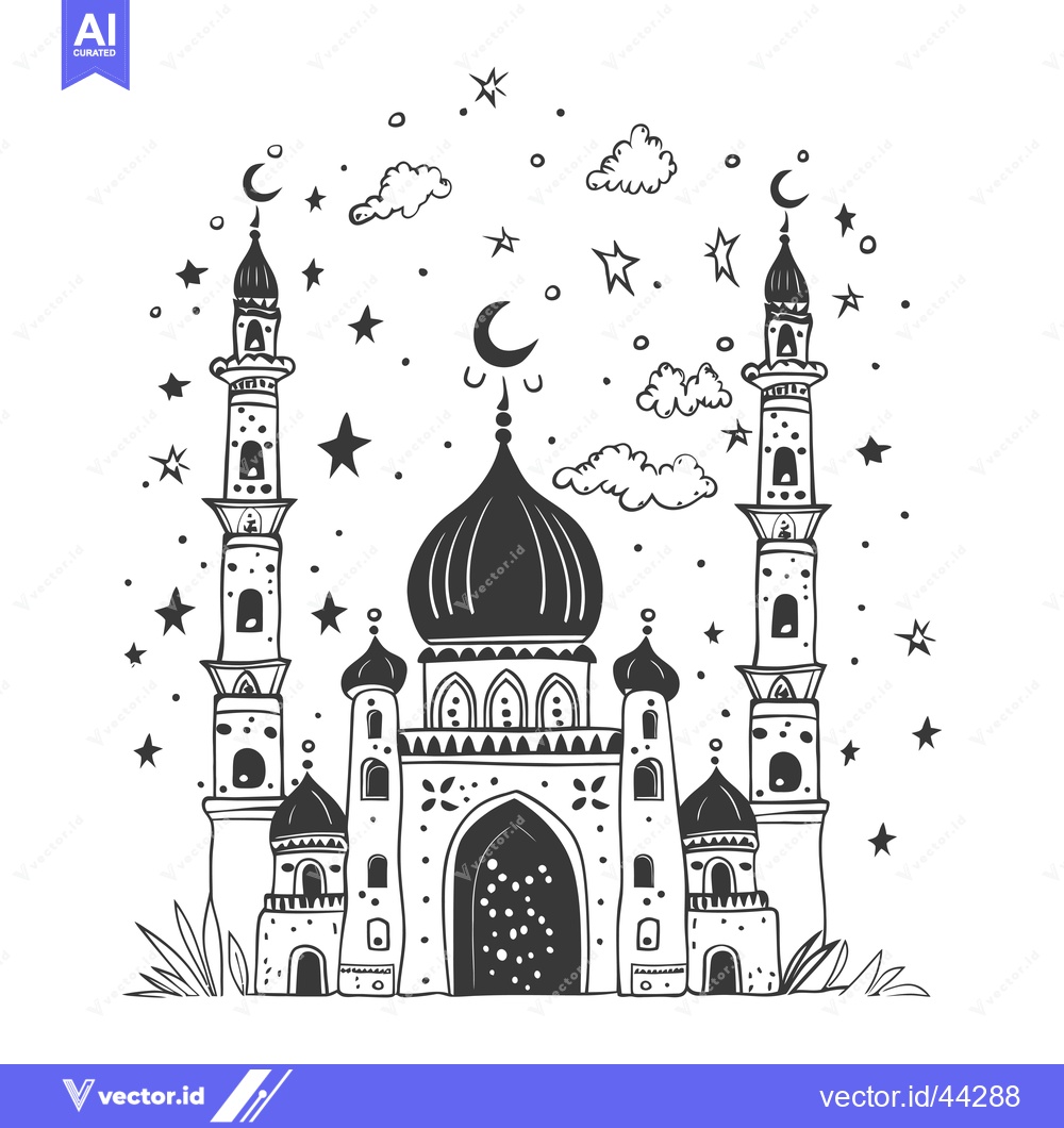 Premium Vector dari Hand-drawn black and white illustration of a mosque under a starry sky