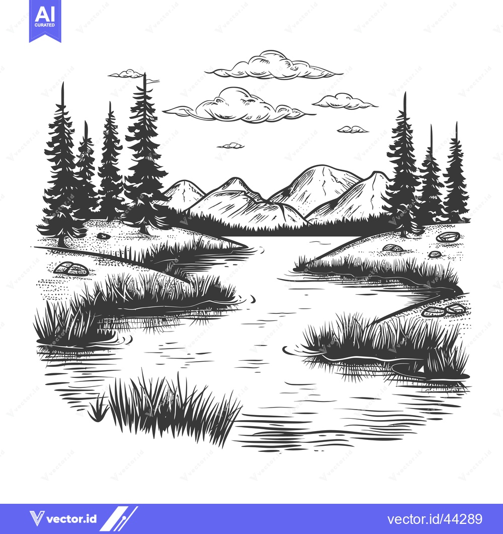 Premium Vector dari Hand-drawn black and white illustration of a mountain lake surrounded