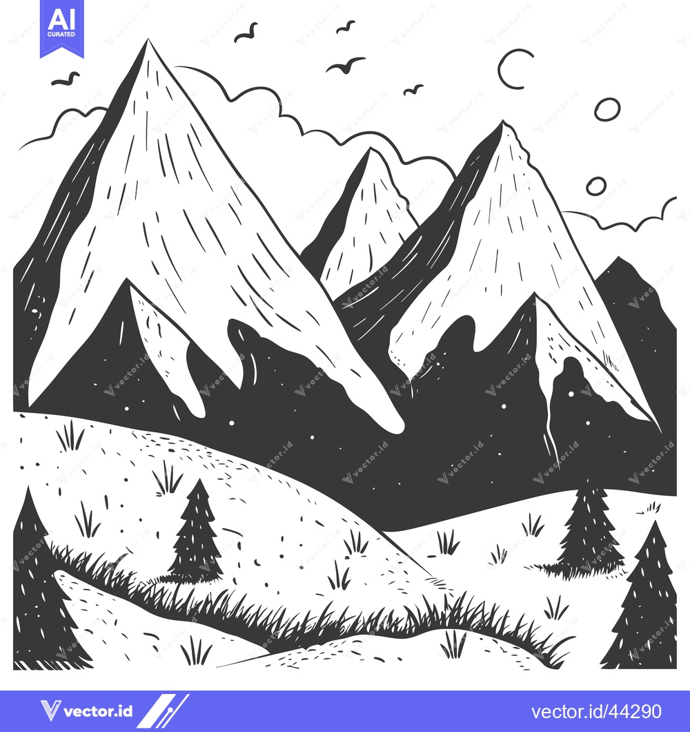 Premium Vector of Hand-Drawn Black and White Illustration of a Mountain Range with Trees