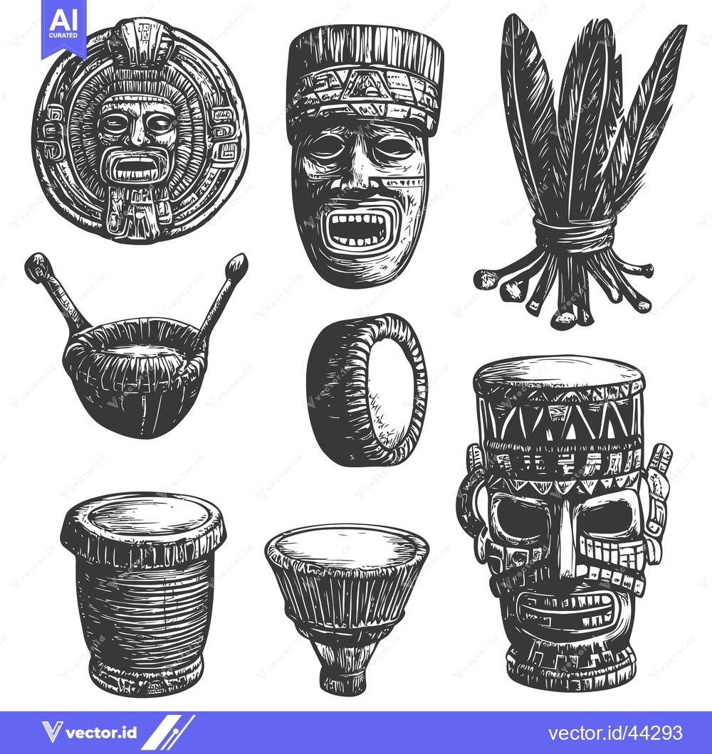 Premium Vector of Hand-Drawn Black and White Illustration of Ancient Mayan Objects