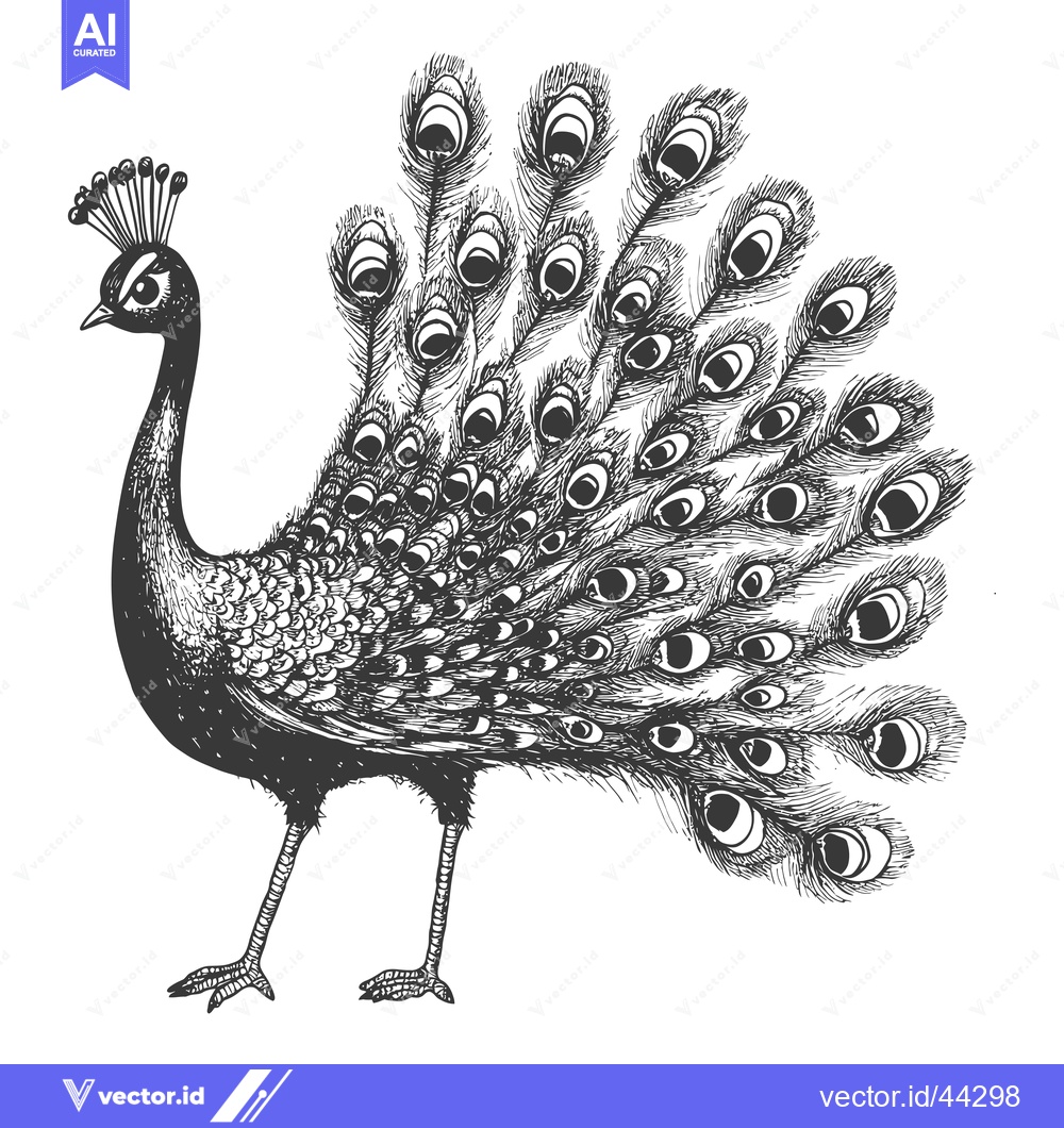 Premium Vector dari Hand-Drawn Black and White Illustration of a Peacock with Spread Tail