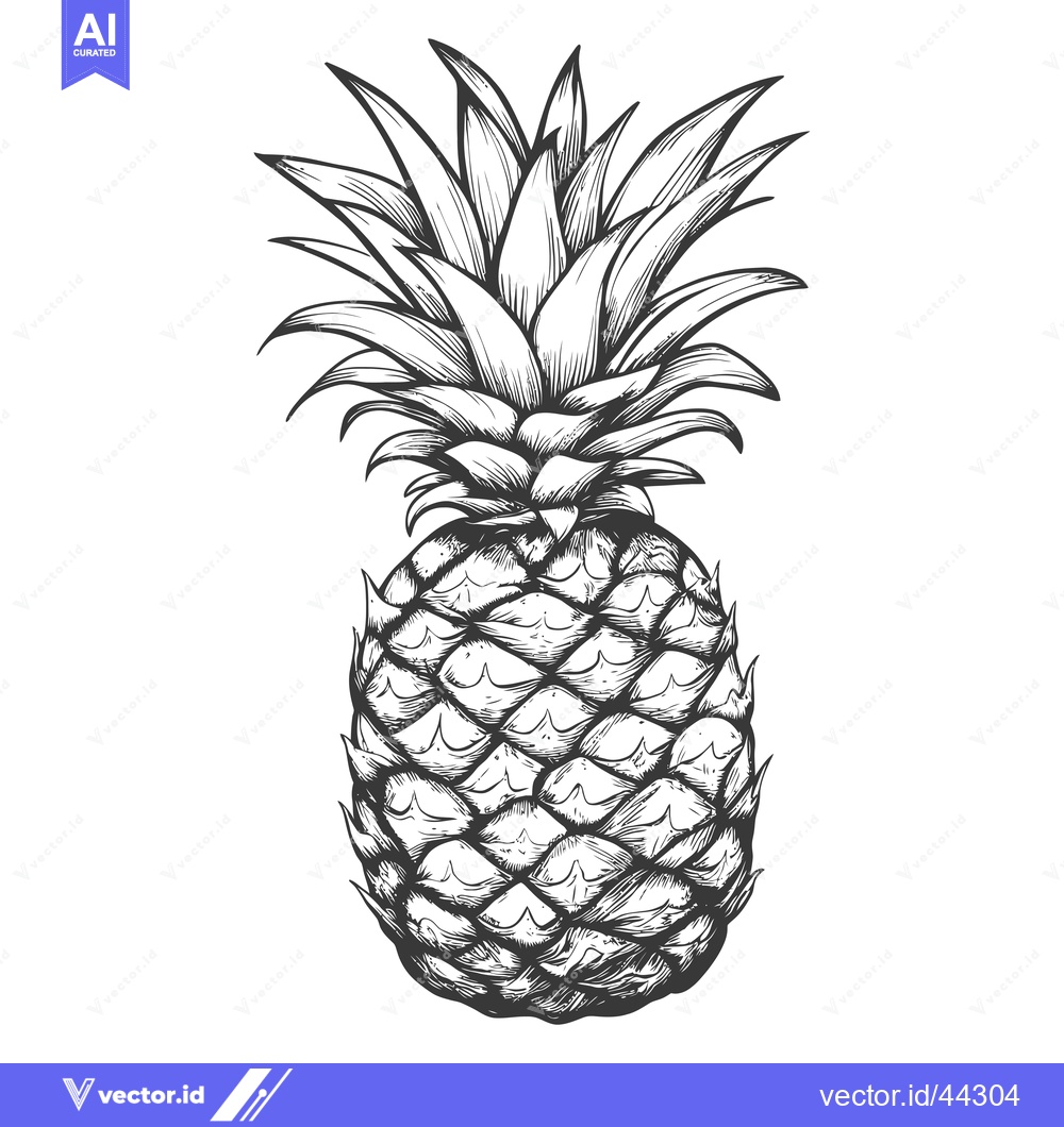 Premium Vector of Hand-drawn black and white illustration of a pineapple with spiky leav