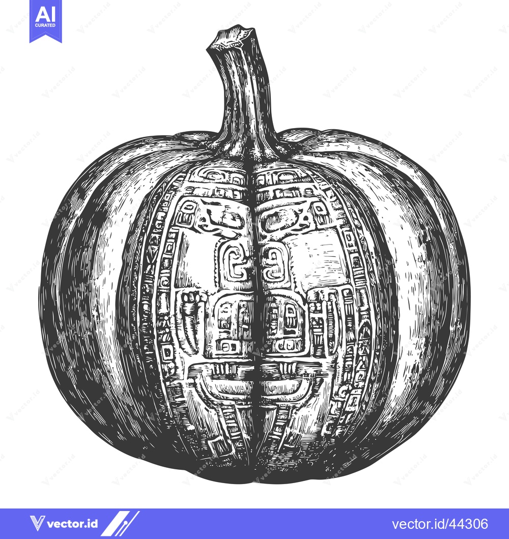 Premium Vector of Hand-Drawn Black and White Illustration of a Pumpkin with Carved Mayan