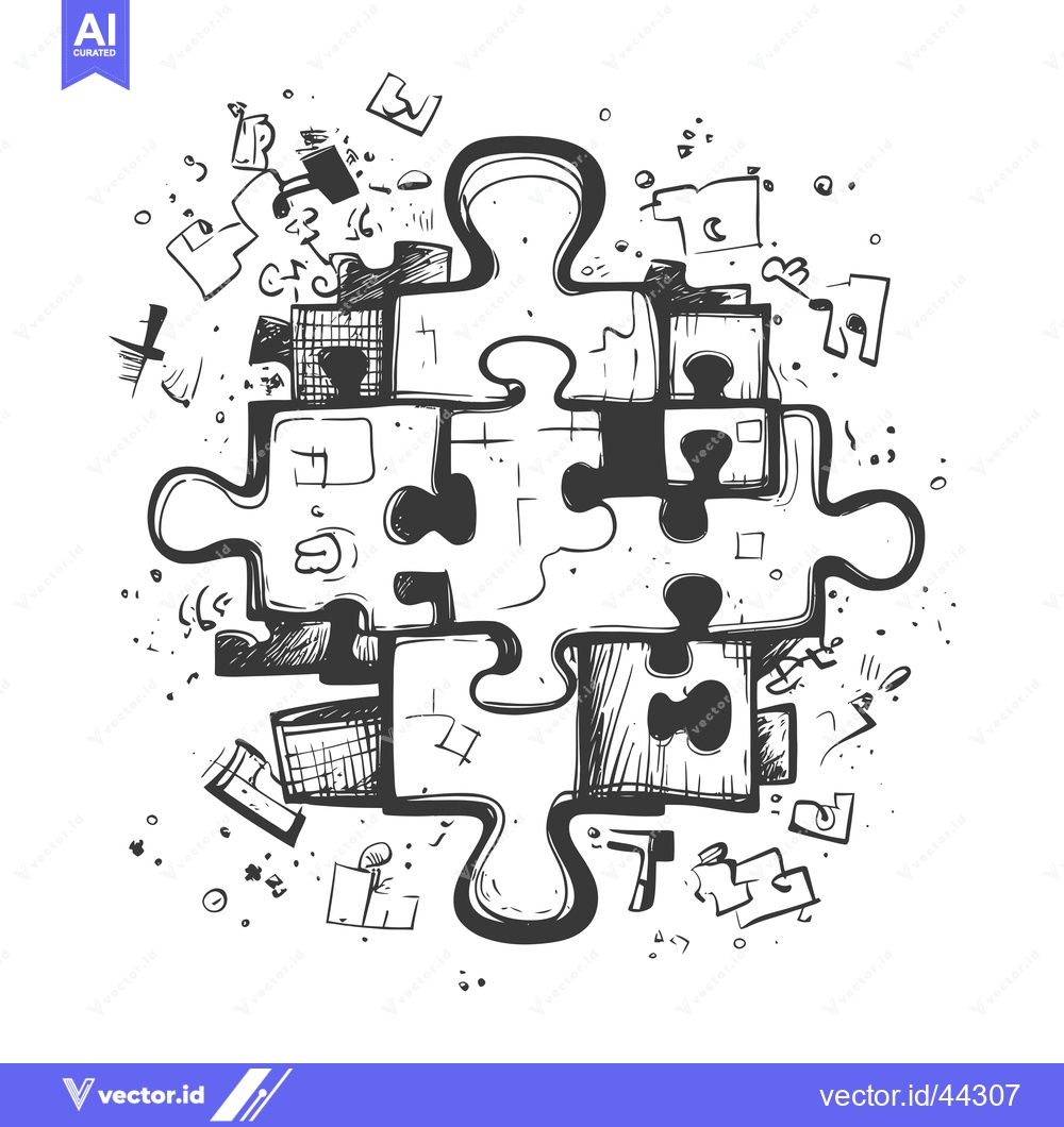 Premium Vector of Hand-drawn black and white illustration of a puzzle with scattered pie