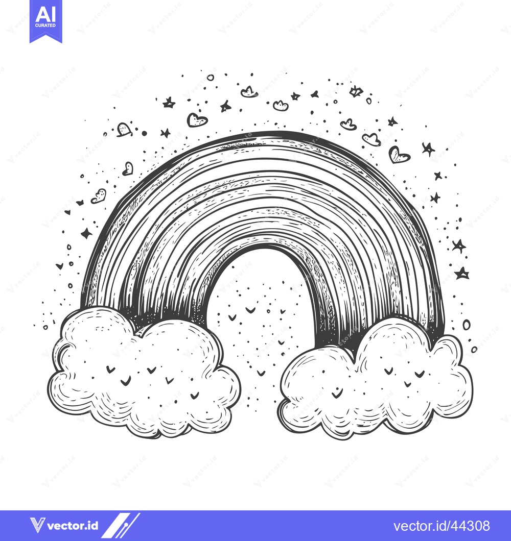 Premium Vector of Hand-drawn black and white illustration of a rainbow with clouds and s