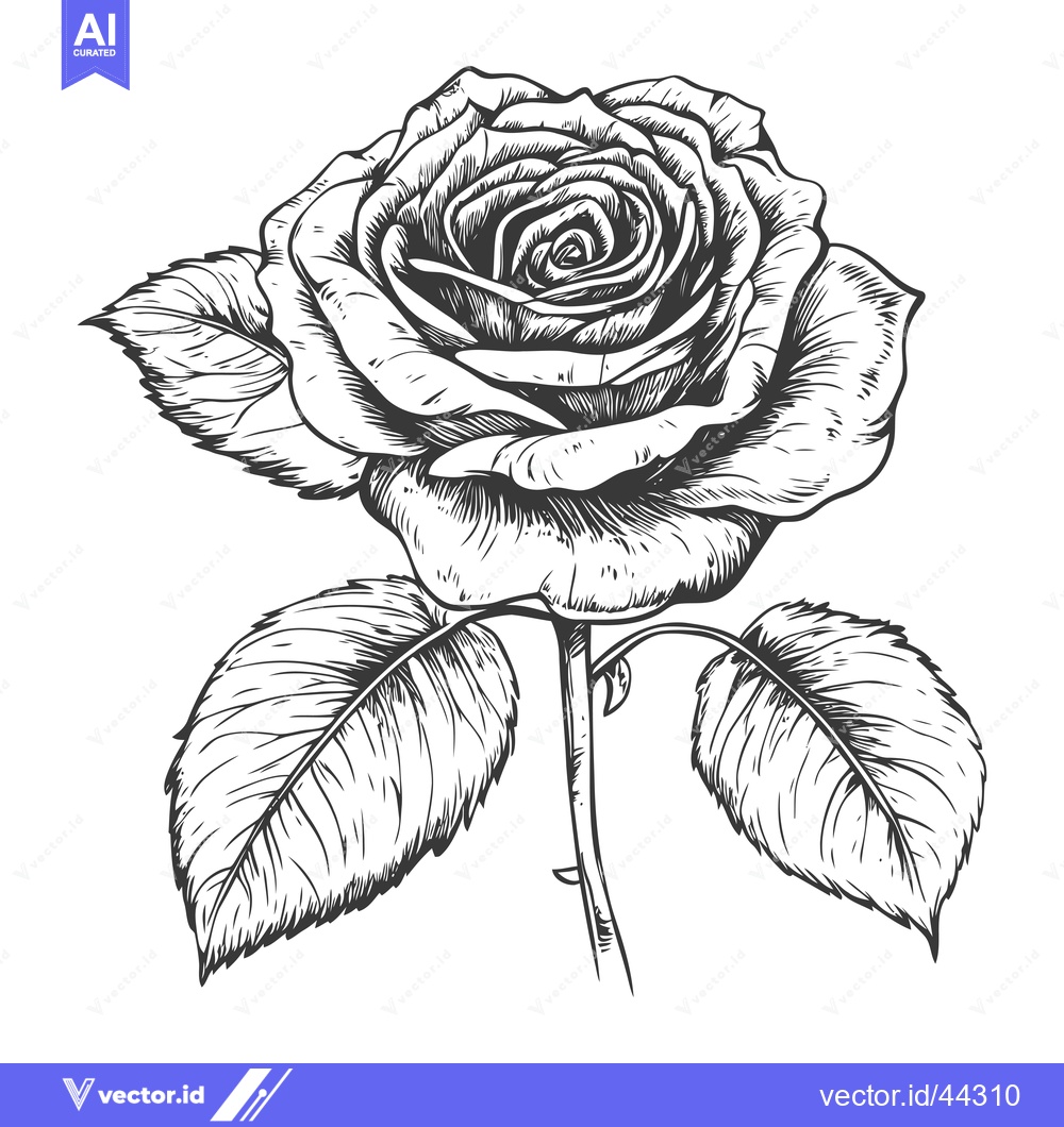 Premium Vector of Hand-drawn Black and White Illustration of a Rose with Leaves