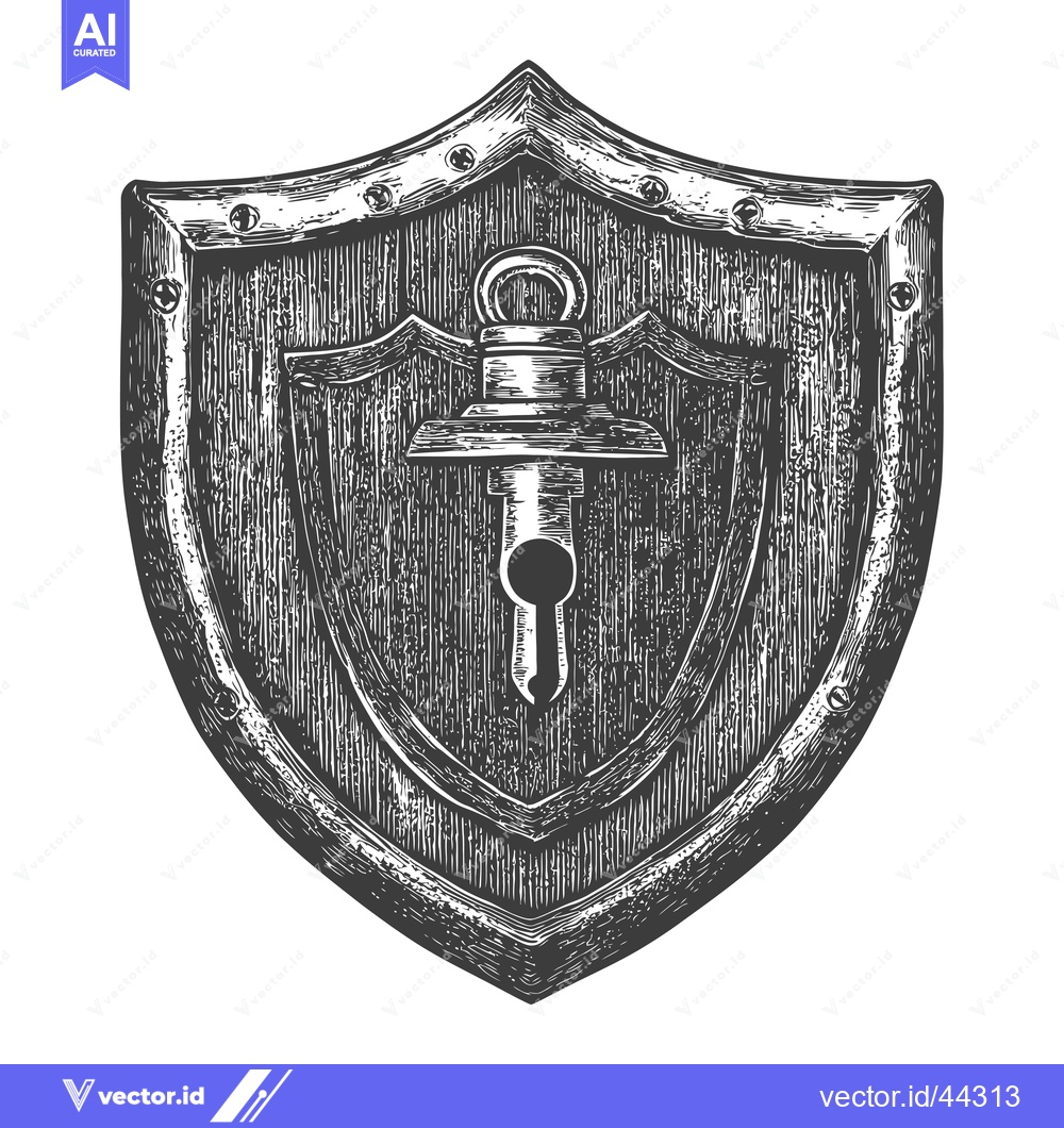 Premium Vector dari Hand-Drawn Black and White Illustration of a Shield with a Keyhole