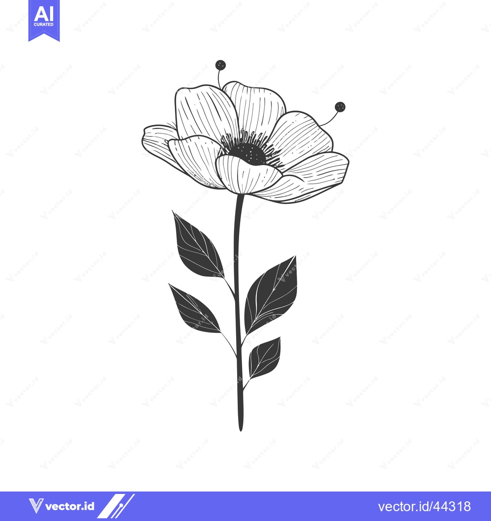 Premium Vector of Hand-Drawn Black and White Illustration of a Single Flower with Leaves