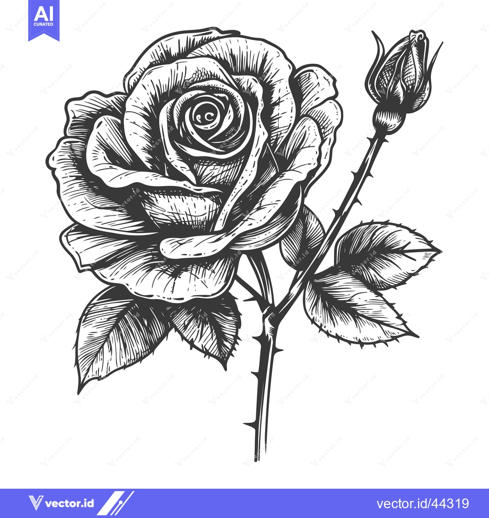 Premium Vector of Hand-Drawn Black and White Illustration of a Single Rose with a Bud