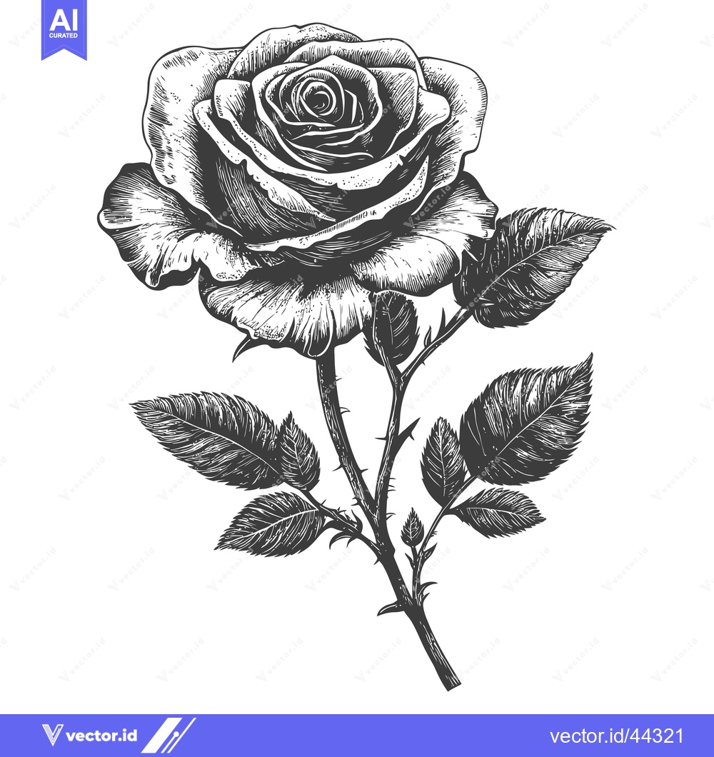 Premium Vector of Hand-Drawn Black and White Illustration of a Single Rose with Leaves a