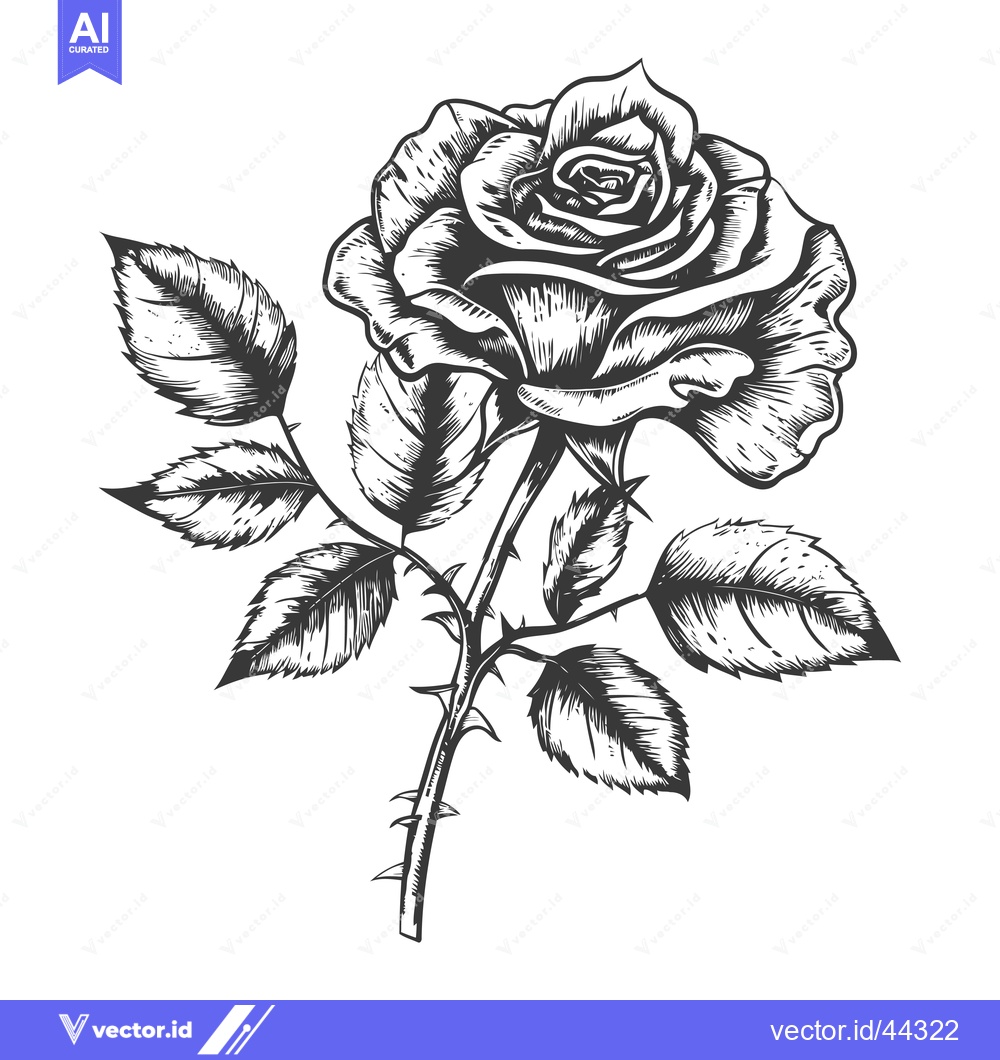 Premium Vector of Hand-Drawn Black and White Illustration of a Single Rose with Thorns a