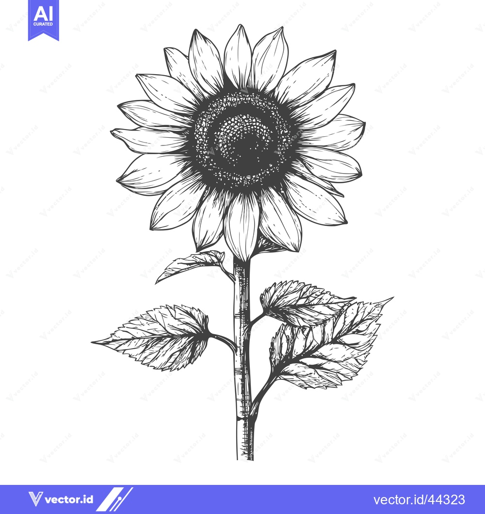 Premium Vector of Hand-Drawn Black and White Illustration of a Single Sunflower