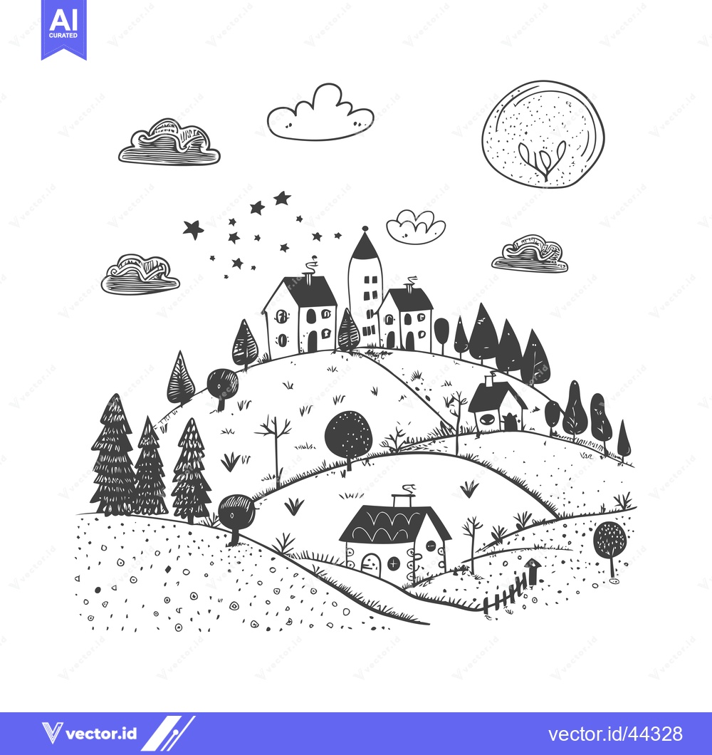 Premium Vector dari Hand-Drawn Black and White Illustration of a Small Village on a Hillsi