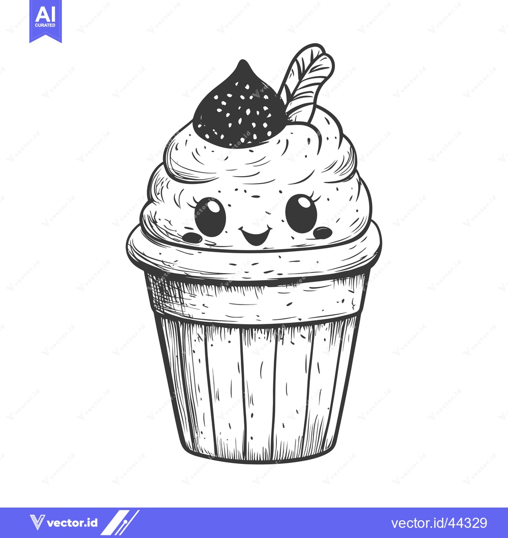 Premium Vector of Hand-Drawn Black and White Illustration of a Smiling Cupcake with a Ch