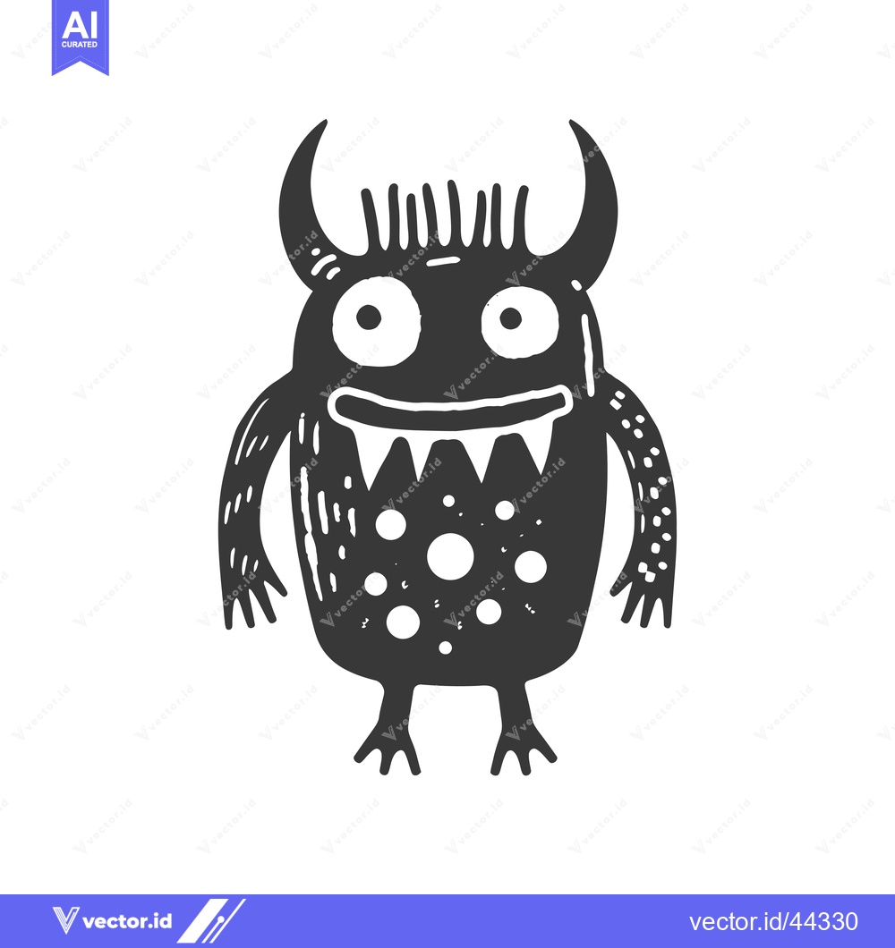 Premium Vector dari Hand-drawn black and white illustration of a smiling monster with horn