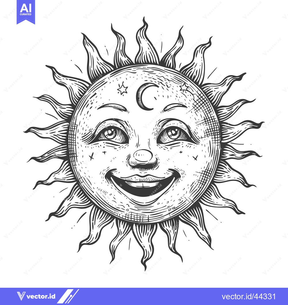 Premium Vector dari Hand-Drawn Black and White Illustration of a Smiling Sun with a Cresce