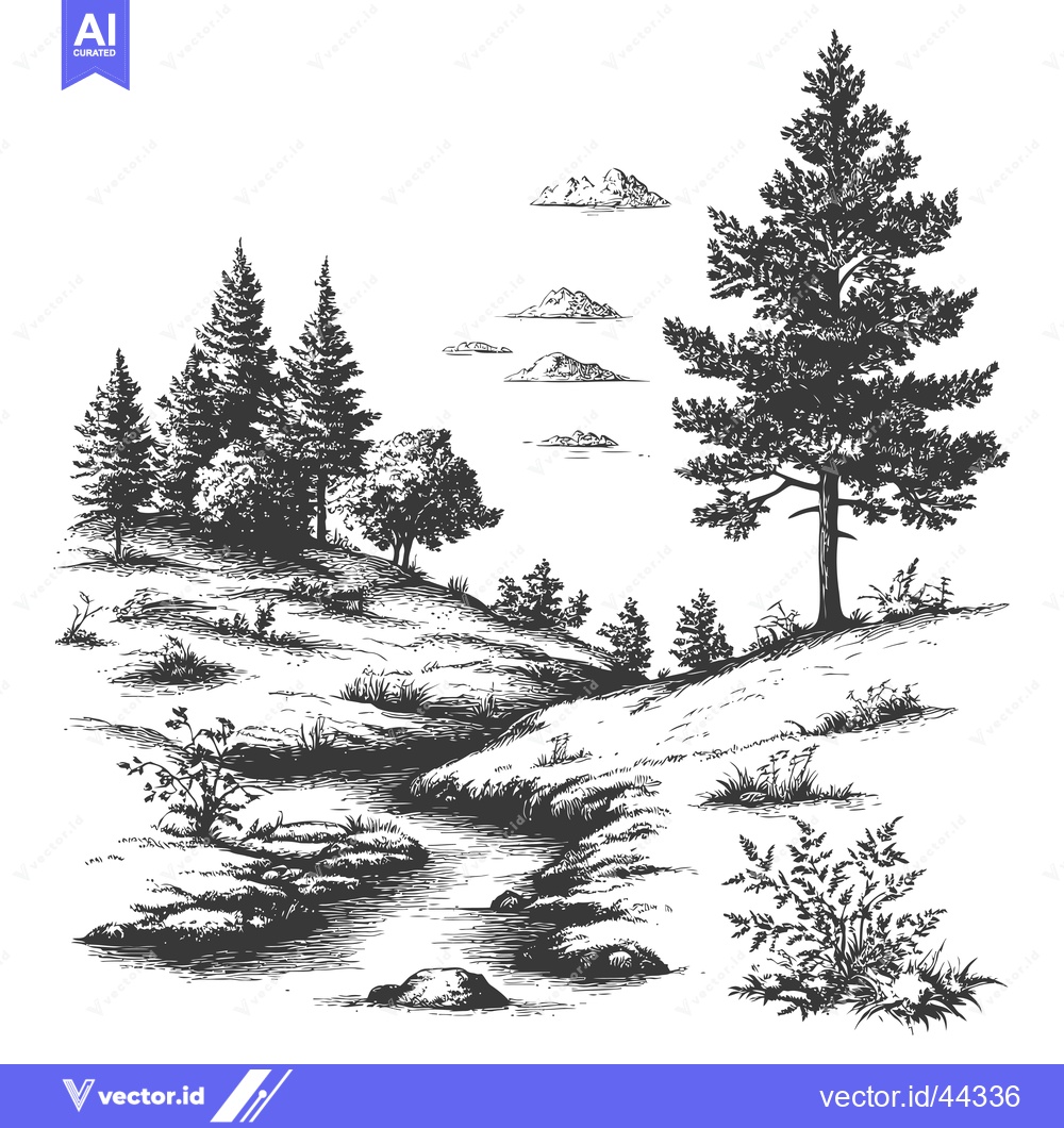 Premium Vector dari Hand-Drawn Black and White Illustration of a Stream Through a Forest L
