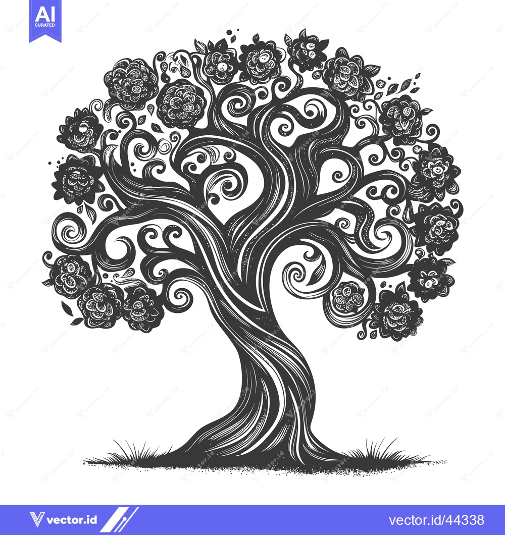 Premium Vector dari Hand-Drawn Black and White Illustration of a Stylized Tree with Spiral