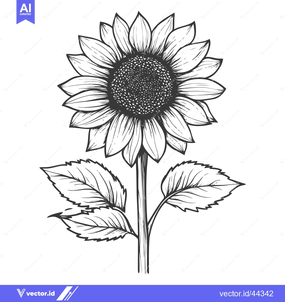 Premium Vector dari Hand-Drawn Black and White Illustration of a Sunflower with Leaves