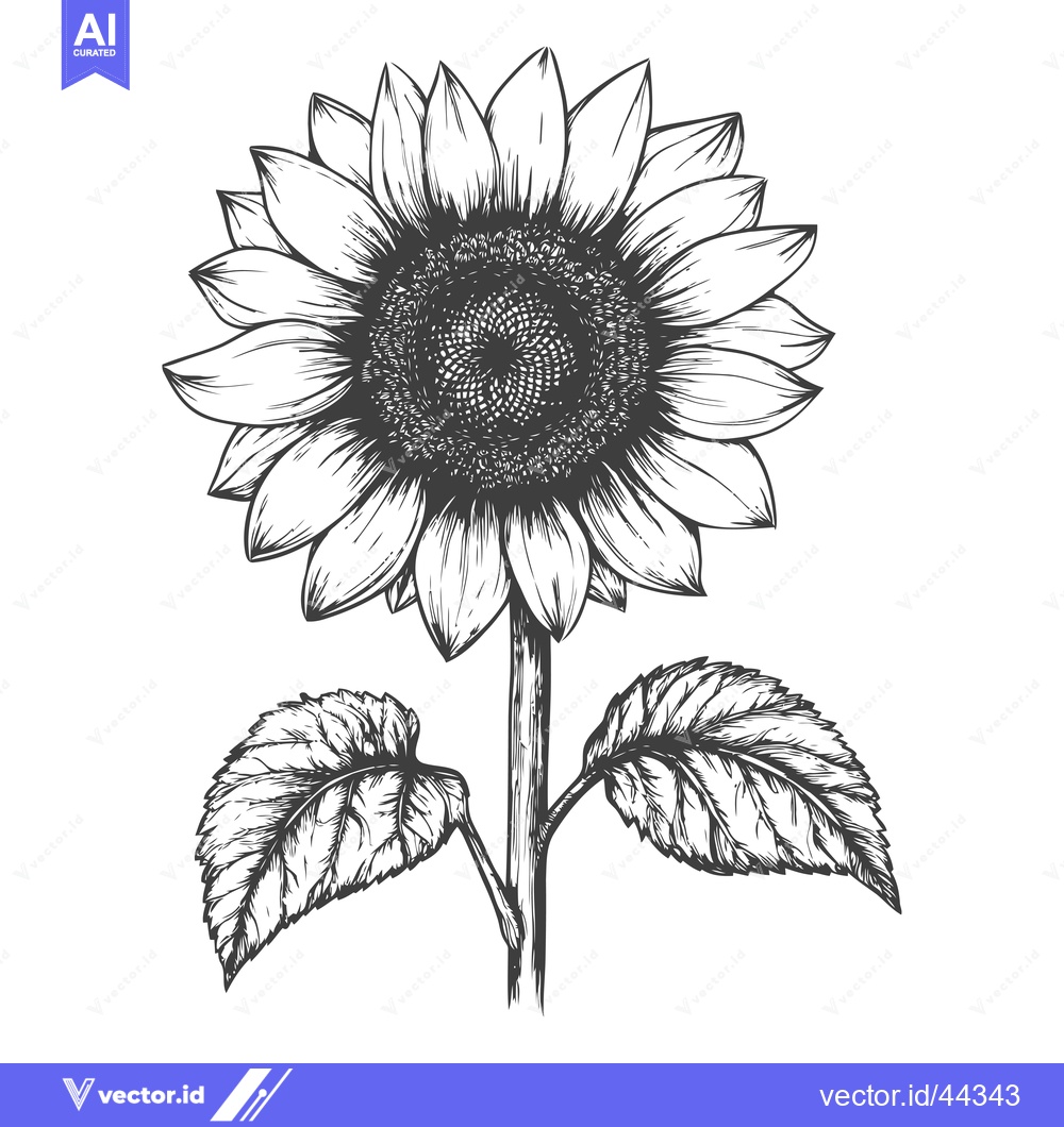 Premium Vector dari Hand-Drawn Black and White Illustration of a Sunflower with Two Leaves
