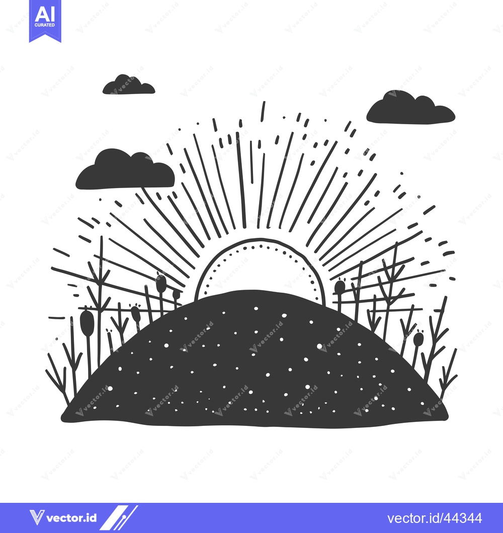 Premium Vector dari Hand-drawn black and white illustration of a sunrise over a hill with