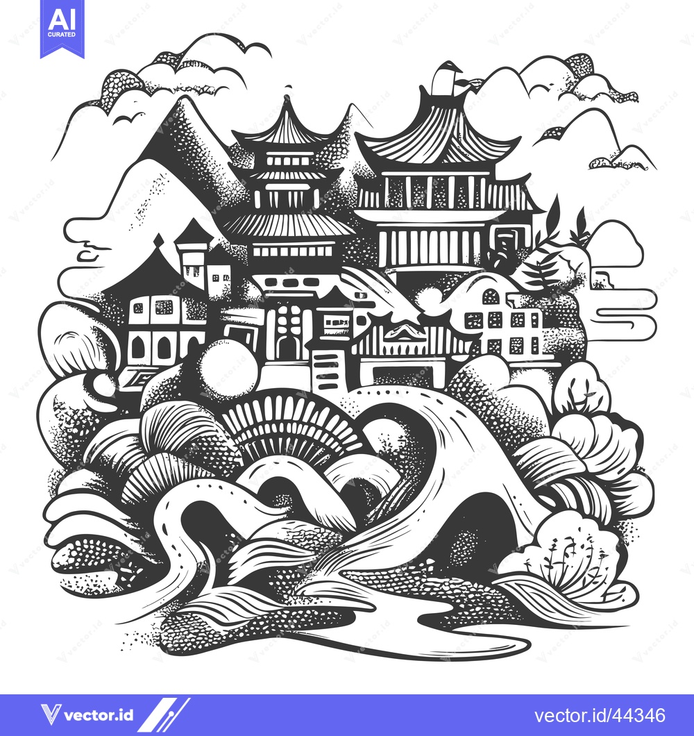Premium Vector of Hand-Drawn Black and White Illustration of a Traditional Asian Citysca