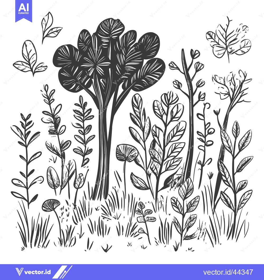 Premium Vector of Hand-Drawn Black and White Illustration of a Tree and Various Plants