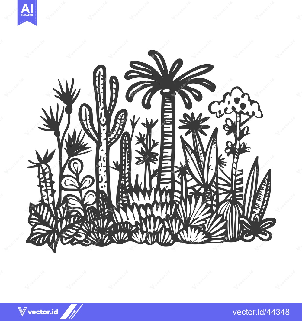 Premium Vector dari Hand-Drawn Black and White Illustration of a Tropical Jungle with Palm