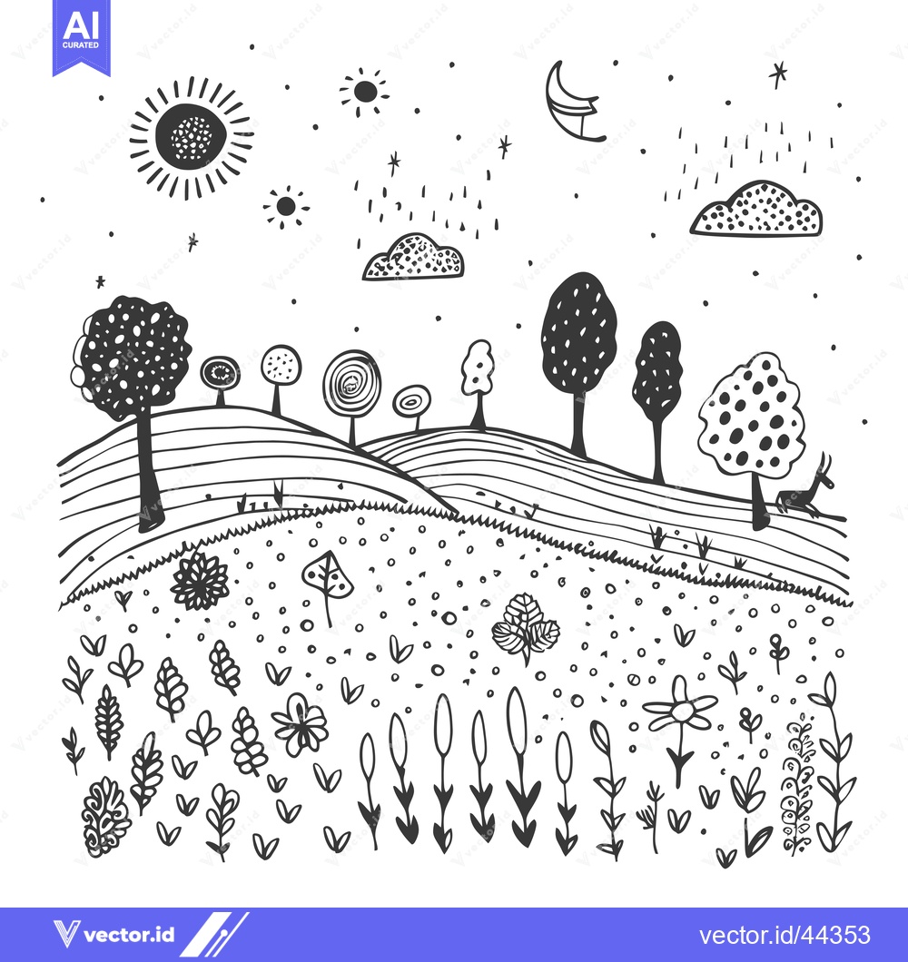 Premium Vector of Hand-drawn black and white illustration of a whimsical landscape with