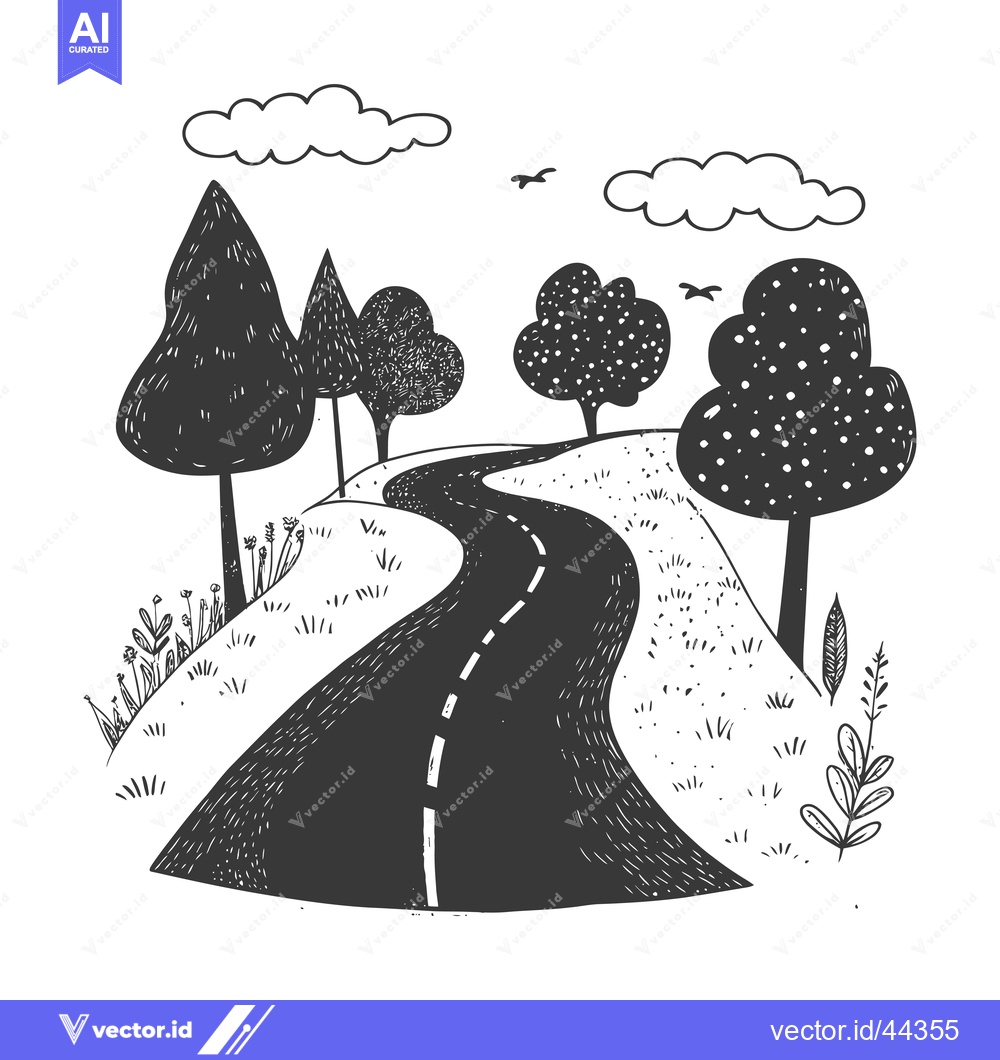 Premium Vector of Hand-Drawn Black and White Illustration of a Winding Road Through a Fo