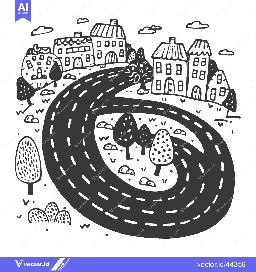 Premium Vector dari Hand-drawn black and white illustration of a winding road through a vi