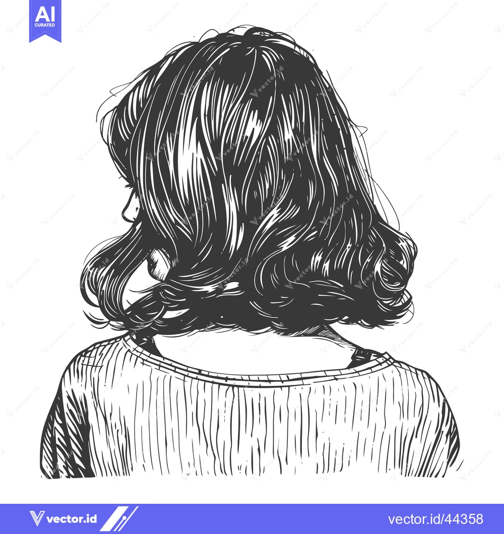 Premium Vector of Hand-Drawn Black and White Illustration of a Woman's Back with Wavy Ha