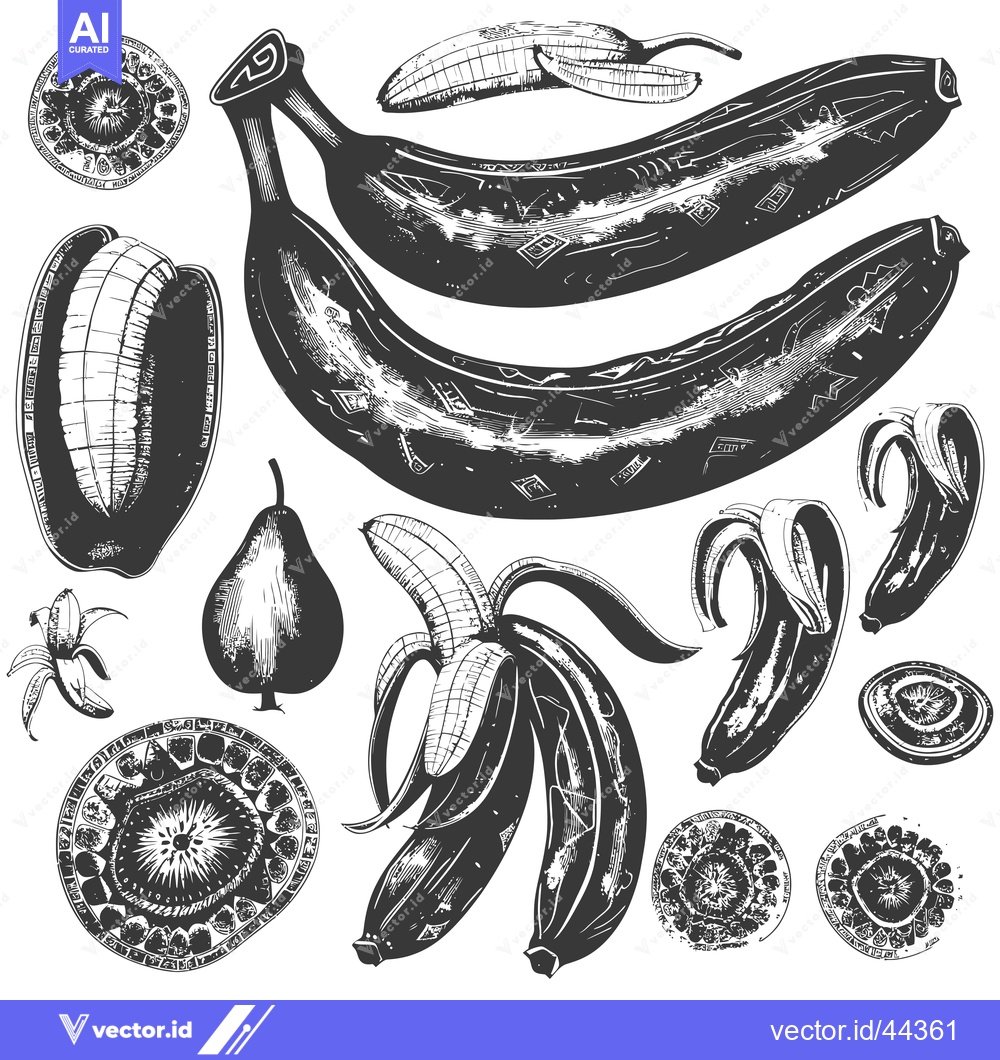 Premium Vector of Hand-drawn Black and White Illustration of Bananas, Pears, and Slices