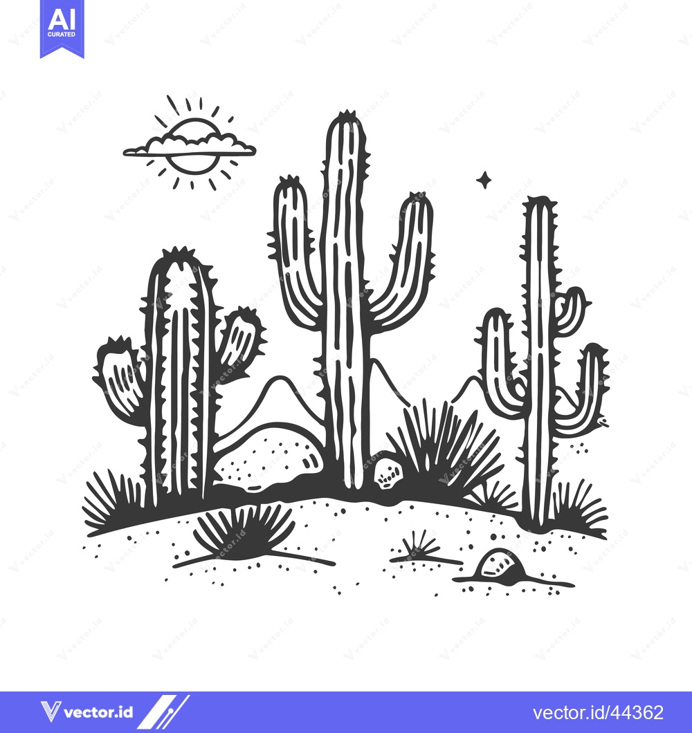 Premium Vector of Hand-Drawn Black and White Illustration of Cacti in a Desert Landscape
