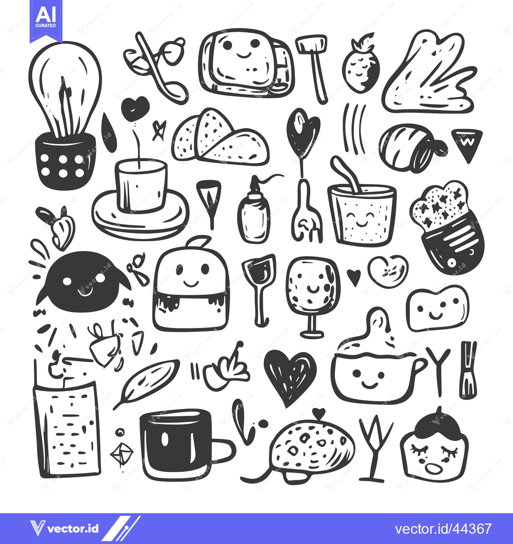 Premium Vector of Hand-Drawn Black and White Illustration of Cute Characters and Objects