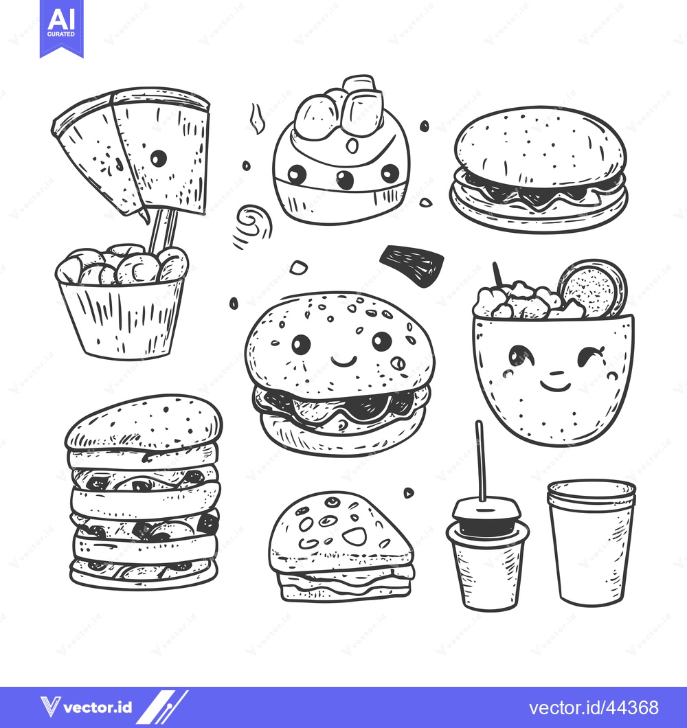 Premium Vector of Hand-Drawn Black and White Illustration of Cute Food Items